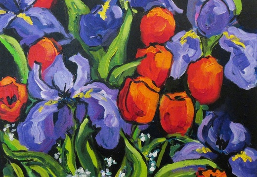 Susan Hubley - Irises and Red Tulips